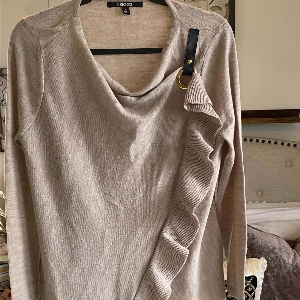 BRIGGS|Light Taupe Ruffle Shawl Sweater with Buckle Detail|Small|EUC - Picture 13 of 13